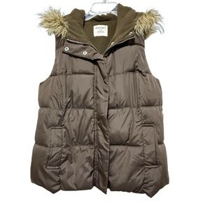 Old Navy Brown Faux Fur Trim Hooded Puffer Vest
